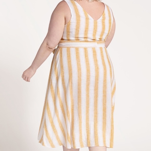 NWT ELOQUII Yellow & Ivory Striped V-Neck Linen Tie Waist Midi Dress, Size 14 - Picture 4 of 7